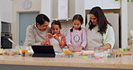 Grandma, mother and children learning baking in a home kitchen counter together to prepare dessert as a skill or care. Family, mom and girls teaching or helping kids with a cookies recipe or food