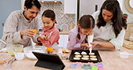 Kitchen, cookie or family decoration, bake or design candy biscuits, food or sweets for lunch dessert. Child development bond, chef or teaching grandmother, mother or young kids learning home cooking