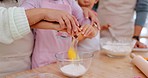 Support, egg and hands of kid baking dessert, food or prepare recipe, wheat flour or ingredients for brunch. Kitchen, closeup bowl or young kids learning home cooking skills, bonding and help parents