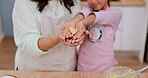 Kitchen hands, heart cookie and family presentation of dessert, candy or sweets shape for love, bond and baking care. Child development, show closeup biscuit and young kid girl learning home cooking