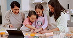 Tablet, cookie cutting or happy family baking, watch tutorial or video for dough, dessert or biscuit preparation. Kitchen fun, online education guide or home grandma, mom or children learning cooking