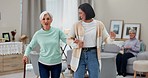 Dancing, senior woman and group with happiness, music and freedom with retirement, energy and health. Female people, happy friends and ladies with movement, celebration and wellness in a living room