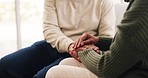 Closeup, holding hands and senior couple with love, support and sympathy with empathy, trust and peace. Zoom, elderly man and old woman with compassion, marriage and healing together with gratitude