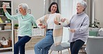 Dancing, senior women and girl with energy, wellness and retirement with happiness, stress relief and health. Female people, smile or happy group with movement, energetic and freedom in a living room