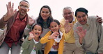 Hello, video call and a family together outdoor for love, happiness and care portrait. Men, women or parents and grandparents with children waving for greeting and virtual communication on holiday