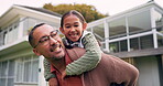 Piggyback, child and father playing outdoor in a backyard with a smile, happiness and love. Portrait of a happy man and girl kid together for fun game, quality time and family bonding at a house
