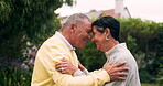 Love, kiss and hug with old couple in garden for retirement, happy and relax. Care, support and smile with senior man and woman and cuddle in backyard of home for happiness, romance or trust together
