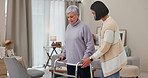 Woman, caregiver and walker in elderly care, physiotherapy or recovery in retirement or old age home. Medical healthcare physio walking and helping senior female or person with a disability in house