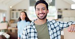 Happy man, box and real estate for moving in new home, property or mortgage loan with family. Portrait of male person or house owner smile for asset, relocation or investment together in living room