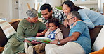 Relax, book and storytelling with big family on sofa for learning, fantasy and love. Care, support and grandparents reading with child and parents in living room at home for teaching and study