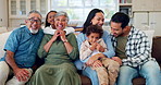 Happy, portrait and big family on sofa in living room, home or grandparents, children and parents together on couch with love. Mom, dad and kids with a smile or relax in lounge with generations