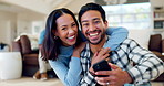 Happy, couple with love and portrait of man on phone with family talking in living room or communication on mobile app. Smile, face and people together with happiness, pride and freedom in connection