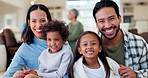 Happy, family and portrait on sofa in living room, home or children and parents together for quality time on couch with love. Mom, dad and kids face with a smile or relax in lounge with happiness