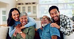 Hug, face and people with their elderly parents relaxing, bonding and talking in living room. Happy, smile and portrait of adult children embracing senior man and woman in retirement on sofa at home.