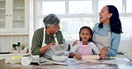 Grandmother, mother and girl baking in kitchen for lunch, breakfast and prepare meal together. Happy family, bake and grandma, mom and child at home with ingredients for bonding, quality time or love