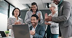 Applause, success and business people on computer of project bonus, financial goals or profit celebration in office. Finance group, men and women high five and clapping, yes or winner news on laptop