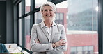 Mature woman, lawyer and face with arms crossed by window in office management, about us and professional law firm. Portrait, smile and confident attorney in consulting workplace for legal leadership