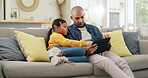 Tablet app, games and a dad with his daughter on a sofa in the home living room for education or learning. Kids, support and motivation with a father teaching his girl child while sitting together