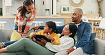 Family home, sofa and parents streaming on a tablet with children watching a show or movie with subscription online. Web, website and mother relax with kids and father on a couch watching on an app