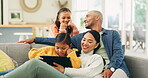 Happy family, couch and children streaming with parents on a tablet watching a show or movie with subscription online. Web, website and mother relax with kids and father on a sofa watching on an app