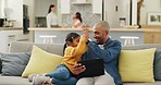 Tablet, high five and a dad with his girl child on a sofa in the home living room for fun or gaming. Kids, support and education with a happy father teaching his daughter while sitting together