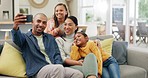 Selfie, smile and parents with children on sofa in living room of home, bonding and quality time together. Digital photography, happy family and mother, father and kids on couch for picture of memory