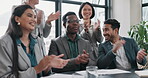 Business people, applause and workshop, audience with support and diversity, happiness and success. Corporate group, presentation in meeting with men and women clapping hands with congratulations