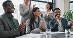 Business people, applause and workshop in conference room, diversity and support, happiness and success. Corporate group, presentation in meeting with men and women clapping hands with celebration