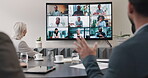 Business people, video conference and meeting of team in boardroom for online presentation, discussion and wave hello. Group, virtual communication and global webinar call on digital screen in office