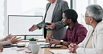 Man presentation, business meeting and screen information, proposal and agreement for increase or finance data. Financial stats and accounting clients or people listening to CEO speaker on computer