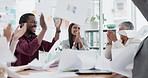 Happy business people, documents and finish in applause for team success or achievement at the office. Group of employees clapping in teamwork with paperwork falling in air for well done and good job