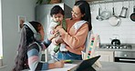 Home school, mother and daughter with tablet, baby and headphones, playing and learning in house. Elearning, studying and busy mom with infant, child and homework in kitchen for online class project.