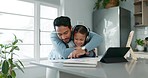 Home school, dad and child hug in kitchen with card, tablet and headphones for learning, education and reading. Elearning, studying and father teaching girl with homework for online class project.