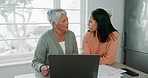 Laptop, finance documents and a daughter talking to her mother about retirement savings or investment. Computer, family and planning with a woman chatting to a senior parent about portfolio growth