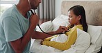 Stethoscope, sick and father checking his child in bed for chest infection, asthma or breathing problem. Illness, recovery and dad consulting girl kid for cold, flu or allergies in bedroom at home.