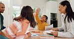 Family, high five and education with a creative girl in the dining room for art, study or homework. Smile, rainbow drawing and celebration with sister kids in support of child development or growth