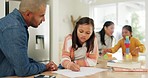 Homework help, dad and child in kitchen with notes for exam, support in learning and education with family home. Teaching, studying for test and homeschool, father with young girl and school work.