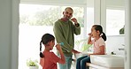 Father brushing his teeth with his children in the bathroom of their modern family home together. Hygiene, teaching and young dad bonding and doing a dental care routine with girl kids at their house