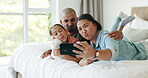 Funny, selfie and family together in bedroom or mom, dad and girl in home or happy time to relax or play on social media or internet. Profile picture, smile and bonding with father, mother and child