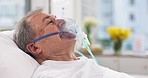 Oxygen mask, hospital and senior man with ventilation and healthcare support in a clinic. Elderly patient, medical care and emergency room with male person at a doctor for wellness and health