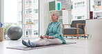 Yoga, meditation and senior woman with mindfulness and training peace, calm or home exercise for wellness. Health, spiritual and elderly person workout for zen mindset or breathing in an apartment