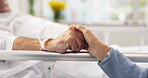 Hospital bed, support and senior couple holding hands, trust or comfort sick partner with healthcare problem. Bedroom, marriage love or elderly people care for mental health patient with medical risk