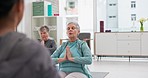 Old people in yoga class, fitness and meditation with breathing, wellness and retirement. Health, exercise and stretching, women and workout with elderly care and zen, mindfulness and vitality