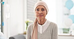 Face, elderly woman and cancer patient in hospital for healthcare, wellness and healing. Portrait, senior and sick person in clinic with strong mindset for courage to fight for health in retirement