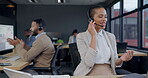 Call center, employees in office and woman talking in customer service, communication or contact us for crm support. Consultant on phone, computer and consulting discussion with advice in business