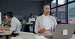 Call center, consultant in office and woman talking in customer service, communication or contact us for crm support. Employee on phone, computer and consulting discussion with advice in business