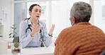 Woman, doctor and consulting senior patient for checkup, appointment or explaining results at the hospital. Female person or medical healthcare professional in elderly care or consultation at clinic