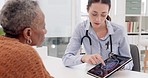 Woman, doctor and tablet with patient for xray, consultation or brain scan results at hospital. Female person or medical healthcare expert on technology for customer CT, MRI or elderly care at clinic