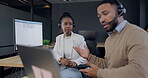 Call center training talking and employees with a laptop and advice for an online consultation. Contact us, telemarketing and a black woman speaking to a man helping with customer service coaching