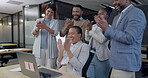 Clapping, computer and business people high five in night bonus, financial goals or profit celebration in office. Accountant, winner group or men and women applause, success or reading news on laptop